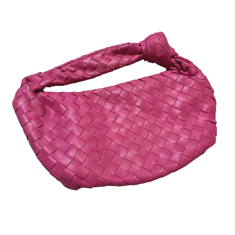 Pink Woven Knotted Mini Hobo Bag Fuchsia Intrecciato Style Crescent Handbag
